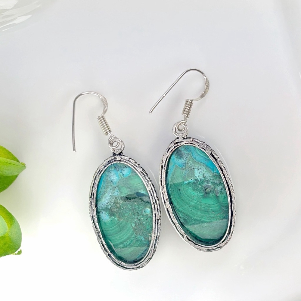 Top Quality Malachite Chrysocolla Earrings Southwest 925 Sterling Silver Overlay - Picture 5 of 6